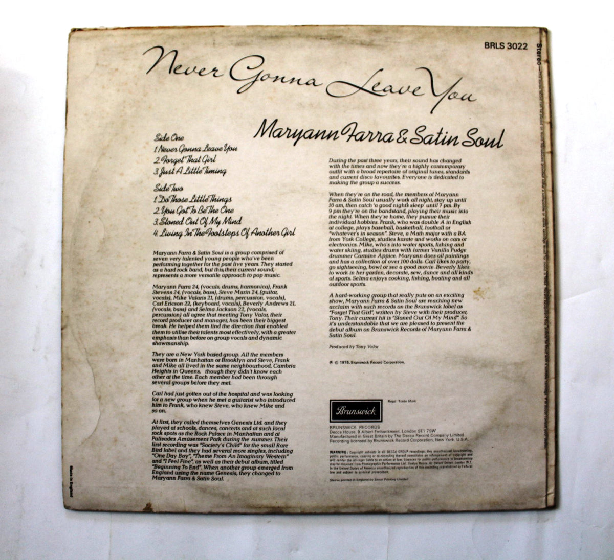 Maryann Farra & Satin Soul ‎– Never Gonna Leave You Vinyl LP