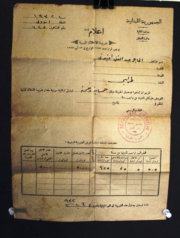 Built property tax Notification Document 1932 إعلام ضريبة الأملاك المبنية,طرابلس