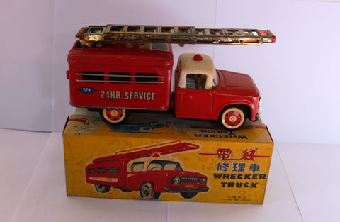 OLD Wrecker Fire Tin Toy Truck Friction Drive /Box Rare MF 781