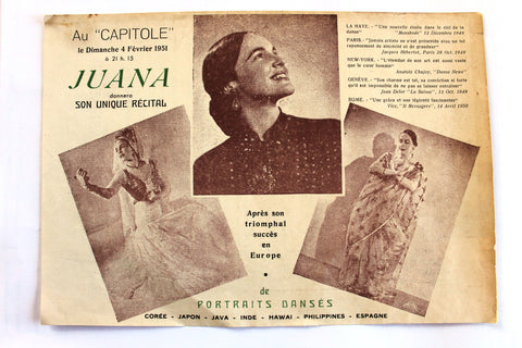 منشورة لبناني Portraits Dansés Juana (Au Capitole) Live Dance Performance Promotional Lebanese Flyer 1951