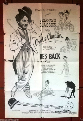 HE’S BACK, ESSANAY’S CLASSICS CHARLES CHAPLIN 40x27" Original Movie Poster 60s