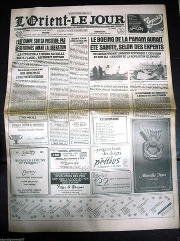 L'Orient-Le Jour {USA Aircraft bombing} Lebanese French Newspaper 23 Dec. 1988