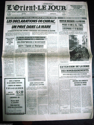 L'Orient-Le Jour {Beirut Bomb Massacre} Civil War Lebanese French Newspaper 1986