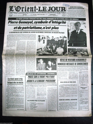 L'Orient-Le Jour {Pierre Gamayel Death} Lebanese French Newspaper 1984