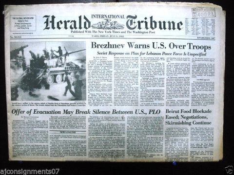 International Herald Tribune {Israel Tanks Palestinian Guerrilla} Newspaper 1982