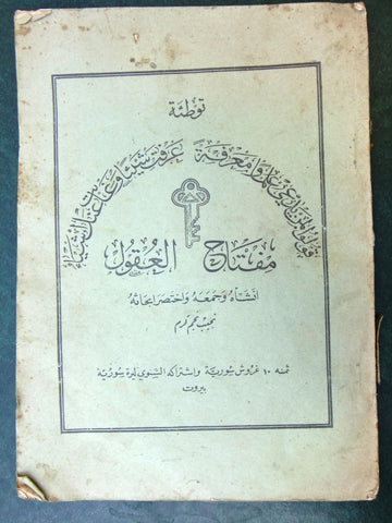 كتاب مفتاح العقول, نجيب نجم كرم Arabic Lebanon Book 1935