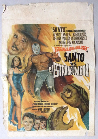 Santo vs el estrangulador Mexican Original Window Card Movie Poster 60s