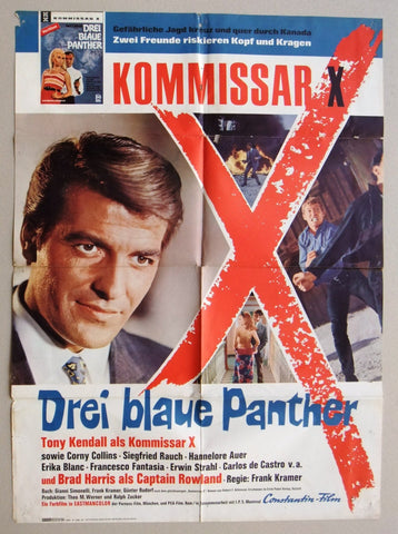 kommissar x drei blaue panther {TONY KENDALL} Original German Movie Poster 60s